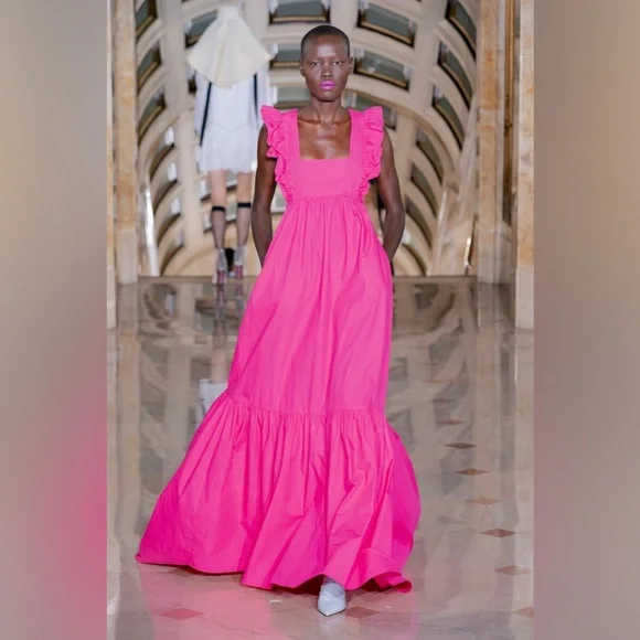 Self Portrait Ruffle Cotton Poplin Fuchsia Maxi Dress - Picture 3 of 8